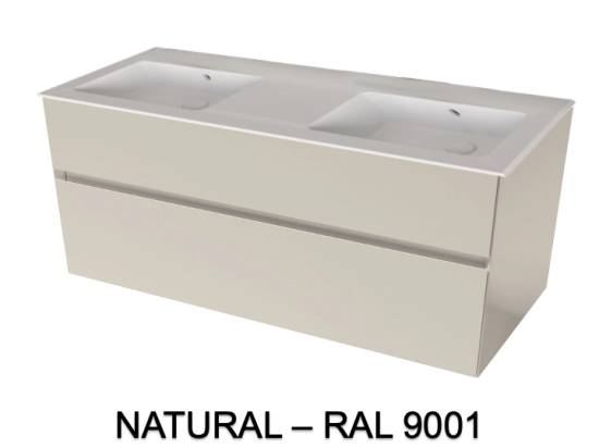 Meuble avec vasque Solid-Surface, finition bois ou couleurs, deux tiroirs à onglet, Largeur 120 et 140 cm, P. 45 cm, Hauteur 56 cm, Stock disponible, LIVRAISON OFFERTE
