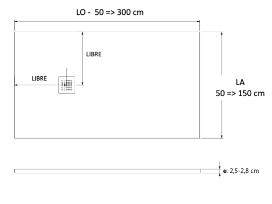 Receveur de douche, sur mesure : Largeur 60 à 300 cm x l. 60 à 150 cm. Bac à douche en résine Akrytan® anti glissant, finition lisse, 10 couleurs, Livraison offerte et rapide