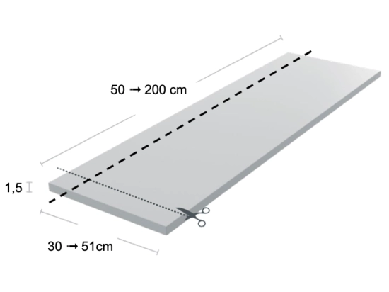 Plan de toilette suspendu, pour vasque à poser, L 50 à 201 x P 30 à 51 cm, finition lisse mate, 10 couleurs au choix, Anti bactérien, résine Akrytan®, Livraison Offerte.