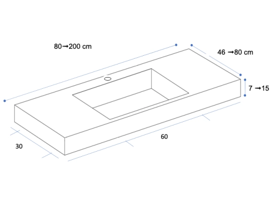 Plan vasque lavabo, sur mesure, Largeur 80 à 200 cm x Profondeur 46 à 80 cm, résine composite de haute qualité, Finition lisse blanc BRILLANT, Livraison Offerte.