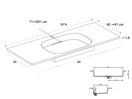 Plan vasque système d’évacuation discret L 50 à 201 x P 40 à 51 cm, finition lisse mate, 10 couleurs, Anti bactérien, résine Akrytan® teinté dans la masse, Livraison Offerte.