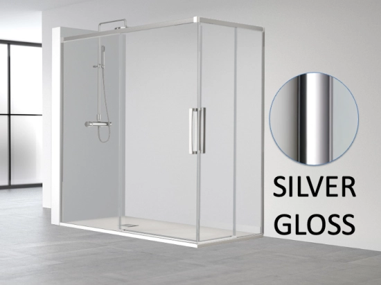Paroi de douche double coulissantes en angle, L. 70 à 150 cm x l. 70 à 80 cm retour latéral , Finition Chrome, Noir, blanc et Or, verre de sécurité, LIVRAISON OFFERTE