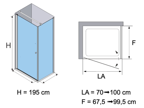 Paroi de douche fixe, avec porte en angle, LIVRAISON RAPIDE, Largeur 67 à 103 cm, Retour de 70 à 100 cm, Hauteur 195 cm, traitement anti calcaire, Garantie 5 ans, Livraison offerte