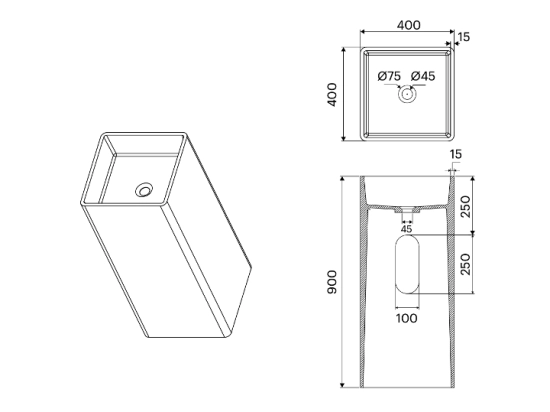 Lavabo totem design de forme rectangulaire. Il est conçu en une seule pièce avec des bords droits et des lignes épurées, finition blanche et lisse, Matière Résine Solid Surface, Taille 40 x 40 x 90 cm - LIVRAISON OFFERTE