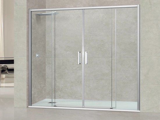 Porte douche coulissante, deux portes centrales vers deux panneaux fixes, L 135 à 200 cm, H. 195 cm, STOCK DISPONIBLE, verre de sécurité, Anti-calcaire, Livraison offerte et rapide