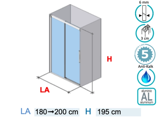 Paroi de douche coulissante, Largeur 180 à 200 cm, Hauteur 195 cm, verre sérigraphie semi opaque, sécurité et traité anti-calcaire STOCK DISPONIBLE livraison offerte et rapide.
