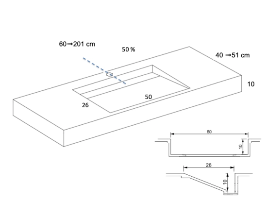Plan vasque lavabo sur mesure : L 60 à 201 x P 40 à 51 cm, finition lisse mate, 10 couleurs au choix, Anti bactérien, résine Akrytan® teinté dans la masse, Livraison Offerte.
