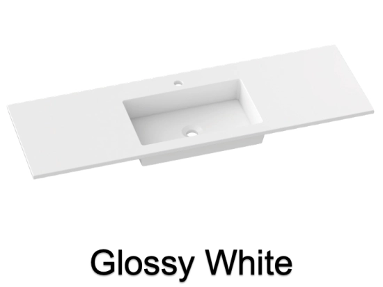 Plan vasque lavabo, sur mesure, Largeur 70 à 200 cm x Profondeur 40 à 80 cm, résine composite de haute qualité, Finition lisse blanc BRILLANT laqué ou mate, Livraison Offerte.