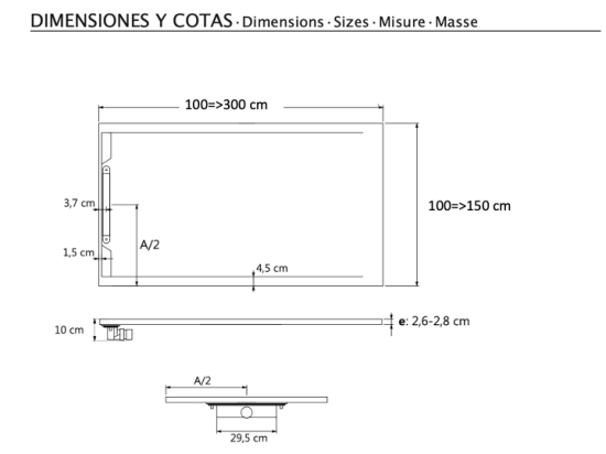 Receveur de douche extra-plat avec une évacuation discrète et élégante : L. 100 à 200 cm x l. 70 à 100 cm, résine Akrytan® anti glissant, 10 couleurs, Livraison offerte et rapide