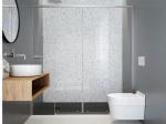 Porte douche coulissante, deux portes centrales vers deux panneaux fixes, L 135 à 200 cm, H. 195 cm, STOCK DISPONIBLE, verre de sécurité, Anti-calcaire, Livraison offerte et rapide