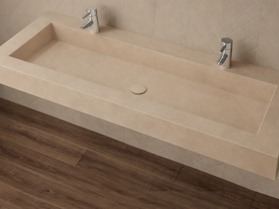 Plan vasque Design, sur mesure, Largeur 150 à 200 cm x Profondeur 40 à 60 cm, résine minérale ACRYSTONE® SOLID-SURFACE Finition lisse, Livraison Offerte et Rapide.