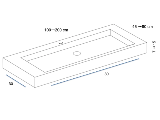 Plan vasque lavabo de 80 cm, sur mesure, Largeur 100 à 200 cm x Profondeur 46 à 80 cm, résine composite de haute qualité, Finition lisse blanc BRILLANT laqué, Livraison Offerte.