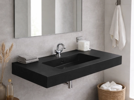 Plan vasque lavabo sur mesure : L 60 à 201 x P 40 à 51 cm, finition lisse mate, 10 couleurs au choix, Anti bactérien, résine Akrytan® teinté dans la masse, Livraison Offerte.
