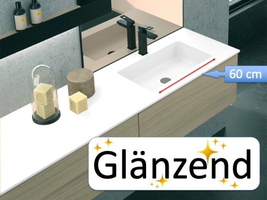Plan vasque lavabo, sur mesure, Largeur 81 à 200 cm x Profondeur 40 à 80 cm, résine composite de haute qualité, Finition lisse blanc BRILLANT laqué ou mate, Livraison Offerte.