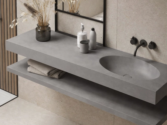 Plan vasque lavabo sur mesure : L 60 à 201 x P 40 à 51 cm, finition lisse mate, 10 couleurs au choix, Anti bactérien, résine Akrytan® teinté dans la masse, Livraison Offerte.