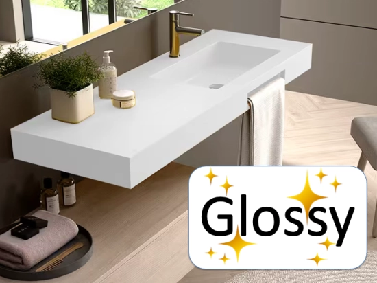 Washbasin top, custom-made, Width 80 to 200 cm x Depth 46 to 80 cm, high quality composite resin, GLOSSY white smooth finish, Free Delivery.