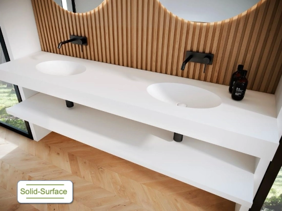 Plan vasque lavabo sur mesure : L 120 à 201 x P 40 à 51 cm, finition lisse mate, 10 couleurs au choix, Anti bactérien, résine Akrytan® teinté dans la masse, Livraison Offerte.