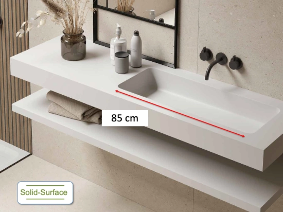 Plan vasque lavabo sur mesure : L 100 à 201 x P 40 à 51 cm, finition lisse mate, Solid-Surface, Anti bactérien, résine Akrytan® SOLID teinté dans la masse, Livraison Offerte.