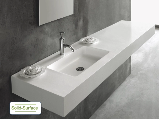 Plan vasque lavabo sur mesure : L 60 à 201 x P 40 à 51 cm, finition lisse mate, Solid-Surface, Anti bactérien, résine Akrytan® SOLID teinté dans la masse, Livraison Offerte.