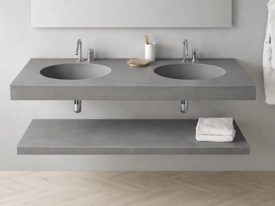 Plan vasque lavabo sur mesure : L 120 à 201 x P 40 à 51 cm, finition lisse mate, 10 couleurs au choix, Anti bactérien, résine Akrytan® teinté dans la masse, Livraison Offerte.