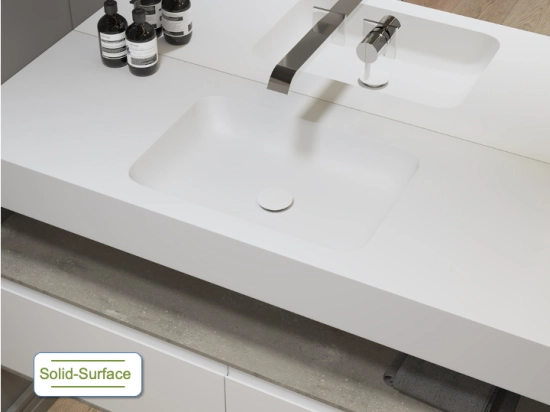 Plan vasque avec lavabo intégré au angle arrondi, L. 60 à 200 cm x l. 40 à 60 cm, résine minérale ACRYSTONE® SOLID-SURFACE Finition lisse blanc mate, Livraison Offerte et Rapide.