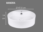 Vasque MANDRA ronde 47 cm en céramique blanc brillant. Avec trou robinetterie et trop-plein. Grande cuve confortable. Livraison gratuite.