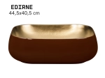 Vasque EDIRNE 44,5x40,5  cm en céramique bordeaux et or mat. Lavabo rectangle design à poser, idéal salle de bain luxe. Garantie 10 ans.Livraison gratuite.