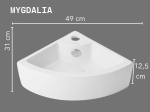 Lave-mains d’angle MYGDALIA 49 cm blanc brillant. Installation murale en coin ou à poser avec trop-plein. Idéal WC et petits espaces. Garantie 10 ans.