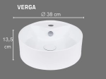 Vasque VERGA ronde 38 cm en céramique blanc brillant avec trop-plein et espace robinetterie. À poser sur plan, entretien facile UP-CLEAN. Garantie 10 ans. Livraison gratuite.