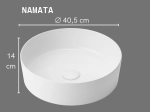 Vasque ronde NAMATA 40,5 cm en céramique blanc brillant. Parois fines UP-SLIM, à poser, sans trop-plein. Design intemporel et entretien facile. Garantie 10 ans. Livraison gratuite.