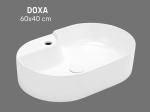 Vasque DOXA ovale 60x40 cm en céramique blanc brillant avec trou de robinetterie. Design moderne à poser, entretien facile UP-CLEAN. Livraison gratuite.