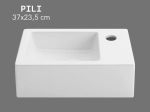 Lave-mains PILI 37 cm blanc brillant. Ultra compact 23,5 cm profondeur, mural ou à poser, robinetterie droit. Garantie 10 ans. Livraison gratuite.