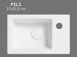 Lave-mains PILI 37 cm blanc brillant. Ultra compact 23,5 cm profondeur, mural ou à poser, robinetterie droit. Garantie 10 ans. Livraison gratuite.