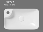 Vasque VATHI compacte 45 cm avec trou de robinetterie. Lavabo à poser en céramique blanc brillant avec revêtement UP-CLEAN. Livraison gratuite.