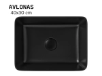 Vasque AVLONAS 40 cm noir mat en céramique. Lavabo rectangulaire design à poser avec parois fines UP-SLIM. Garantie 10 ans. Livraison gratuite.