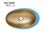 Vasque SILIVRI 48 cm en céramique bleu extérieur et or mat intérieur. Lavabo rond design à poser avec finition haut de gamme. Garantie 10 ans. Livraison gratuite.