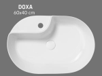Vasque DOXA ovale 60x40 cm en céramique blanc brillant avec trou de robinetterie. Design moderne à poser, entretien facile UP-CLEAN. Livraison gratuite.