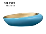 Vasque SILIVRI 48 cm en céramique bleu extérieur et or mat intérieur. Lavabo rond design à poser avec finition haut de gamme. Garantie 10 ans. Livraison gratuite.