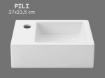 Lave-mains PILI 37 cm blanc brillant. Ultra compact 23,5 cm profondeur, mural ou à poser, robinetterie gauche. Garantie 10 ans. Livraison gratuite.