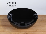 Vasque MYRTIA ronde 38,5 cm en céramique noire brillante. Design avec texture décorative. À poser, sans trop-plein. Garantie 10 ans. Livraison gratuite.