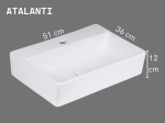 Lavabo ATALANTI 51 cm blanc brillant. Rectangulaire, mural ou à poser avec trou robinetterie. Sans trop-plein. Céramique UP-CLEAN. Garantie 10 ans.