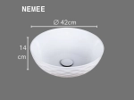 Vasque NEMEE 42 cm ronde en céramique blanc brillant. Design à poser avec texture décorative. Sans trop-plein ni trou robinetterie. Garantie 10 ans.