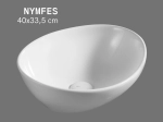 Vasque NYMFES ovale 40 cm en céramique blanc brillant. Design moderne à poser, sans trop-plein. Entretien facile UP-CLEAN. Garantie 10 ans. Livraison gratuite.