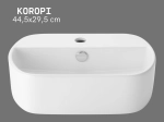 Lavabo KOROPI 44,5 cm blanc brillant. Mural ou à poser, avec trop-plein et trou robinetterie. Idéal petite salle de bain. Garantie 10 ans. Livraison gratuite.
