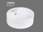 Vasque VERGA ronde 38 cm en céramique blanc brillant avec trop-plein et espace robinetterie. À poser sur plan, entretien facile UP-CLEAN. Garantie 10 ans. Livraison gratuite.