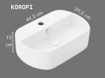 Lavabo KOROPI 44,5 cm blanc brillant. Mural ou à poser, avec trop-plein et trou robinetterie. Idéal petite salle de bain. Garantie 10 ans. Livraison gratuite.