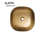 Vasque ALEPPO 42 cm en céramique turquoise et or mat. Lavabo carré design à poser, moderne et original. Garantie 10 ans. Livraison gratuite.