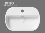 Lavabo KOROPI 44,5 cm blanc brillant. Mural ou à poser, avec trop-plein et trou robinetterie. Idéal petite salle de bain. Garantie 10 ans. Livraison gratuite.