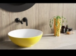 Vasque BURSA 38,5 cm en céramique jaune et blanc brillant. Lavabo design à poser original avec texture décorative. Garantie 10 ans. Livraison gratuite.