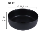 Vasque NIKI ronde 38,5 cm en céramique noir brillant. Design moderne avec parois fines UP-SLIM. À poser, sans trop-plein. Garantie 10 ans.